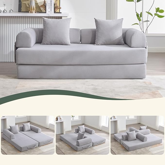 Convertible Sleeper Sofa Bed with Fixed-Shape Frame Modern Corduroy Folding Boneless Couch with 2 Pillows Comfy Floor Sofa Couch for Living Room No Assembly Required (Light Grey)