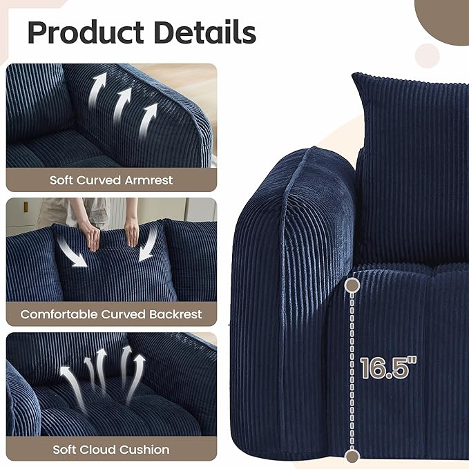 66 Loveseat Sofa Cloud Boneless Couch for Living Room Upholstered Compressed Sofa Deep Seat Corduroy Sofa with 2 Pillows &amp Armrests for Small Spaces for Bedroom Apartment Office Blue