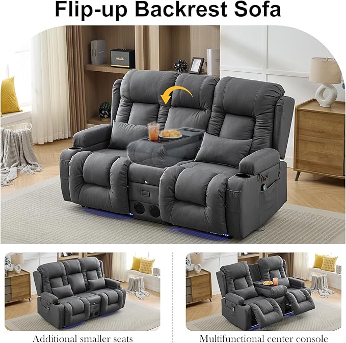 TUNYI Power Loveseat Recliner Sofa with Massage &amp Heat Home Theater Seating with Console RV Recliner Loveseat Sofa with USB/Storage/Side Pocket/LED Light/Speaker (Dark Grey Loveseat)