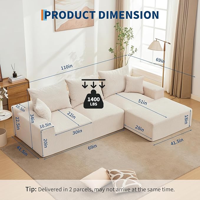 110 Modular Sectional Sofa Couches for Living Room Cloud Memory Boneless Couch No Assembly RequiredComfy Cloud 3-Seater Couch with Chaise Memory Foam Sofa for Offices Bedroom and Apartment