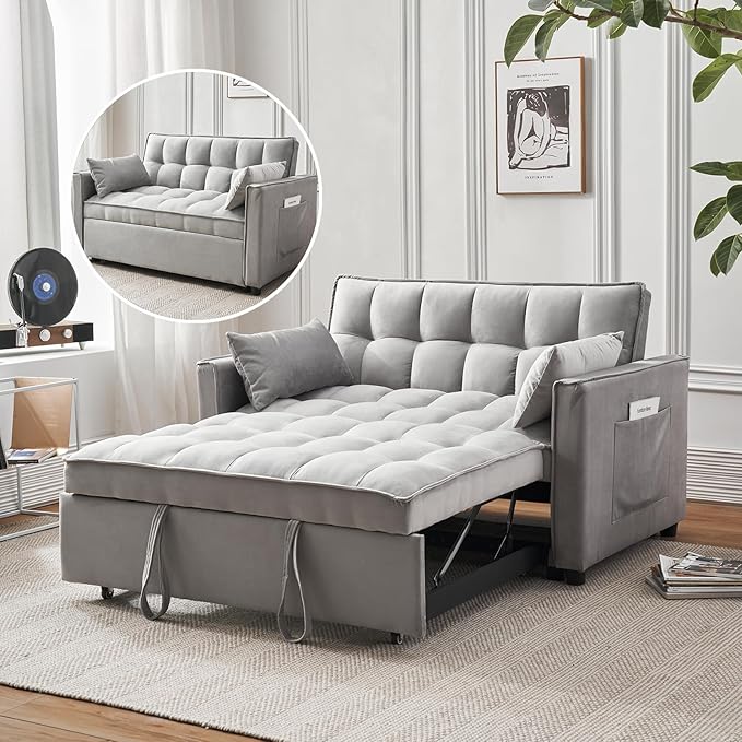 3-in-1 Loveseat Sleeper Sofa Modern 55.5 Pull Out Couch Velvet Upholstered Futon Sofa Bed with Adjustable Backrest Convertible Sofa Bed with Storage Pockets for Living Room(Light Grey)
