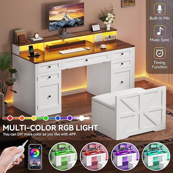 YITAHOME Computer Desk Stool Set with 5 Drawers Office Desk with Power Outlets &amp LED Lights Farmhouse Wood Desk Home Office Desks with Storage Cabinet &amp Monitor Stand for Work Study Antiqu