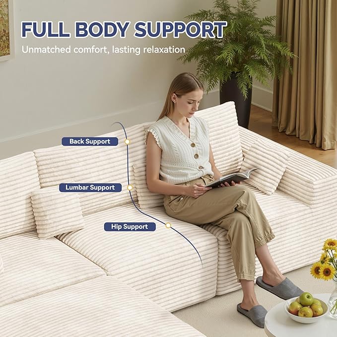 113 U-Shaped Boneless Couch Modern Modular Sectional Sofa with Deep Seat Convertible Corduroy Cloud Couches for Living RoomBeige1 PCS