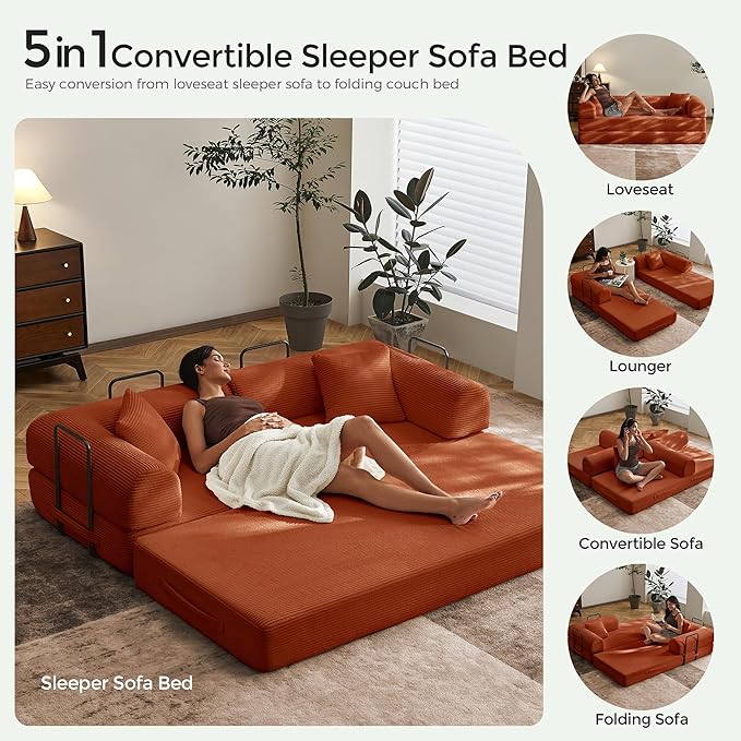 79 Convertible Sofa Bed with Fixed-Shape Frame &amp Removable Armrests Modular Corduroy Sleeper Sofa Folding Mattress Couch for Small Spaces - No Assembly Needed in Orange (Includes 2 Pillows)