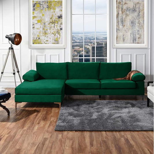 Casa Andrea Milano Modern Large Velvet L-Shape Sectional Sofa with Extra Wide Chaise Lounge Couch
