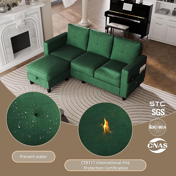 Nuturelly Sectional Sofa Couch Convertible L Shaped Sofas with Storage Ottoman Small Sectional Couches for Living Room 3 Seater Couch with Linen Fabric for Small Spaces Green