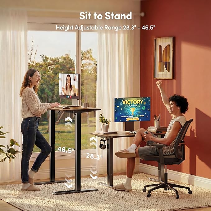 FEZIBO Standing Desk 55×28 Inches Electric Height Adjustable Sit Stand Up Computer Office Desk with Splice Board Black Frame/Rustic Brown TOP