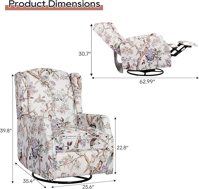 Swivel Rocker Recliner Chair with Patterned Fabric 360° Swivel &amp Gentle Rocking Motion Wingback Reclining Chair for Adults Living Room Accent Rocker Armchair with Push-Back Recline (Print)