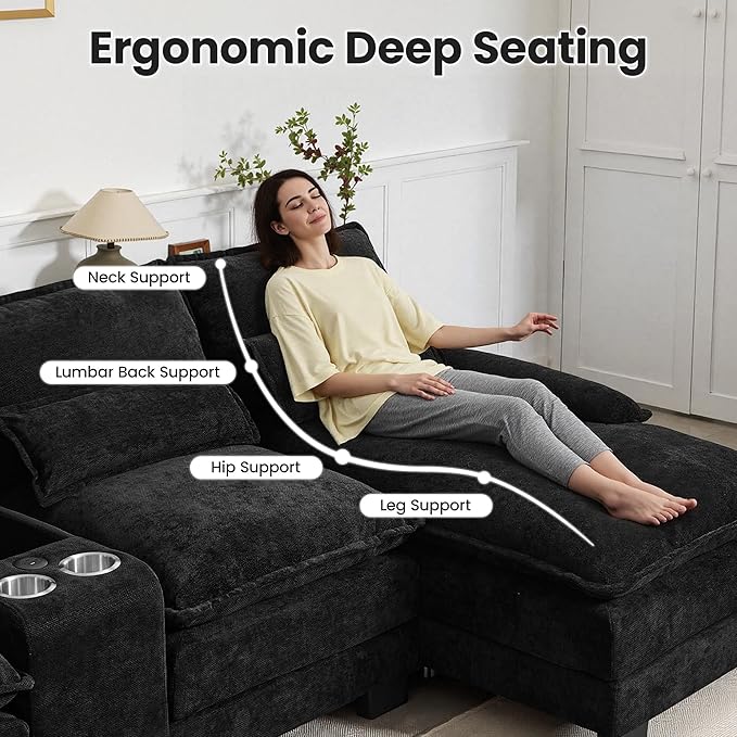 125 U Shaped Cloud Modular Sectional Couch for Living Room Small Comfy Chenille Sofa with Double Chaise Lounge Storage Central Console Cup Holders USB PortBlack