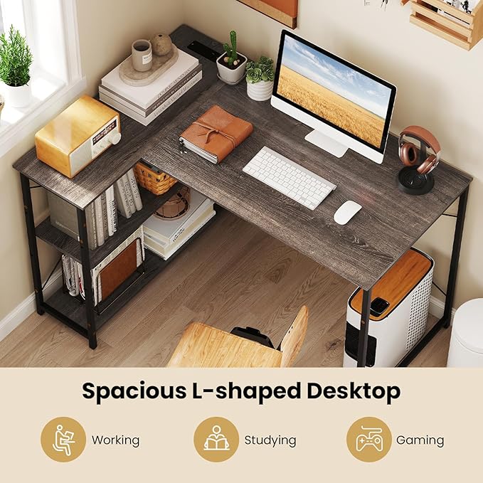 Tangkula L-Shaped Computer Desk with Reversible Shelves 48 Inch Corner Computer Desk Modern Writing Study Desk Home Office Workstation Space Saving Design (48 Inch Gray)