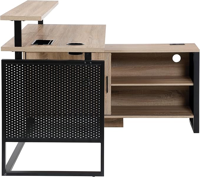 OSP Home Furnishings Ace Contemporary Modern Home Office Desk with Shelf L-Shape with River Oak Finish