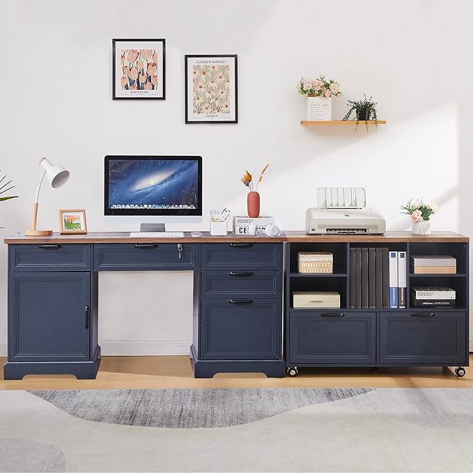 60 Farmhouse Executive Desk with 40 Mobile File CabinetL Shaped Desk Set with Charging StationOffice Desk with Storage DrawersWood Computer Desk Set for Office WorkHome Study