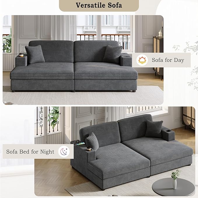 86.5 Oversized Double Chaise Lounge Indoor Corduroy Upholstered Sofa Bed  Deep Seat Lounger Loveseat Recliner Daybed with Dual USB Ports  Two Cup Holders and Throw Pillows for Living Room Bedroom