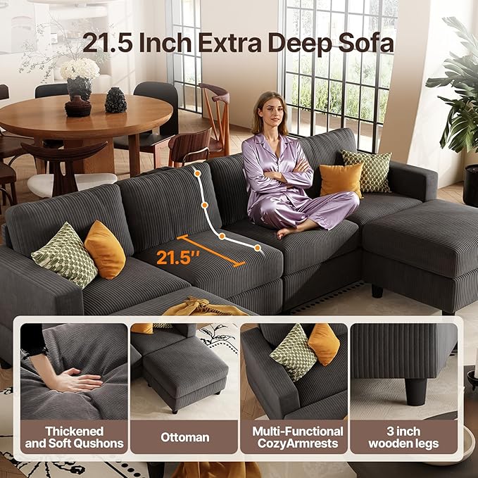 101 Inch Oversized Corduroy Sectional Sofa U Shaped Sectional Sofa with 2Ottomans 6 Seater Convertible Corduroy Sofa Comfortable Living Room Couch (Dark Gray 4 Seat with 2 Ottoman)
