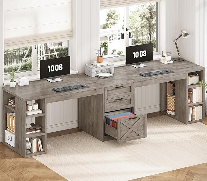 SEDETA Farmhouse 96.5 Computer Desk with Drawers 2 Person Home Office Desk Gaming Double Desk with Storage Shelves Long Two Person Writing Desk (Grey)