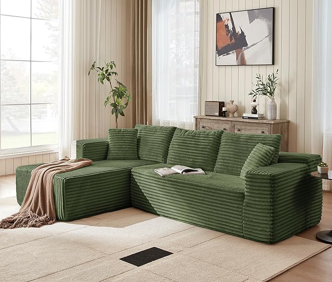 LINSY 106'' Cloud Sectional Couch - Plush Corduroy Modular Sofa with L-Shape Chaise Comfy Foam Couches for Living Room Apartment Compressed Couch No Assembly Required Green
