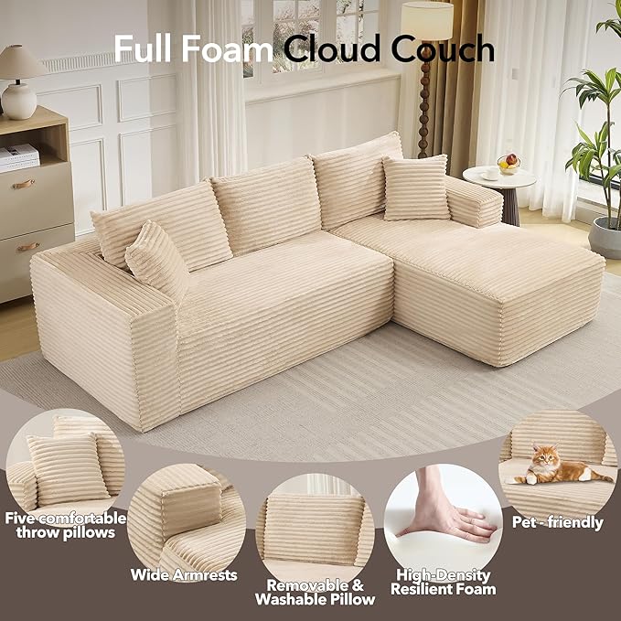 108 Cloud Sectional Couch with L-Shape Chaise Modern Modular Sofa with Deep Seat Boneless Cloud Couches for Living Room Bedroom No Assembly Required Plush Corduroy (Beige Right Facing Chaise)