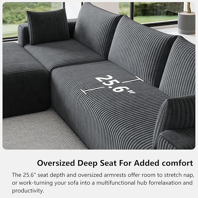 108 Cloud Couch Modular Sectional Sofa for Living RoomL Shaped Boneless Couch with Deep Seat ChaiseNo Assembly Required Foam Sleeper Sofa for ApartmentsPlush Corduroy Fabric Dark Gray