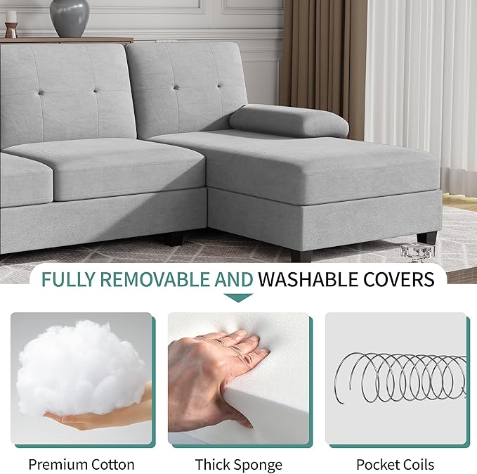 JAMFLY Sectional Sofa Couches for Living Room U Shaped Sofa Living Room Furniture Sets 4 Seat Modular Sectional Couch with Chaise Light Grey