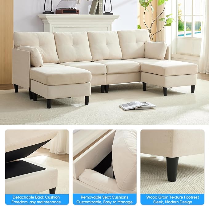 PUREMIND Sectional Home Sofa Living Room Modern U-Shaped Sofa Couches with Double Chaise Upholstered 4 Seater Sofa for Living Room Apartment Beige