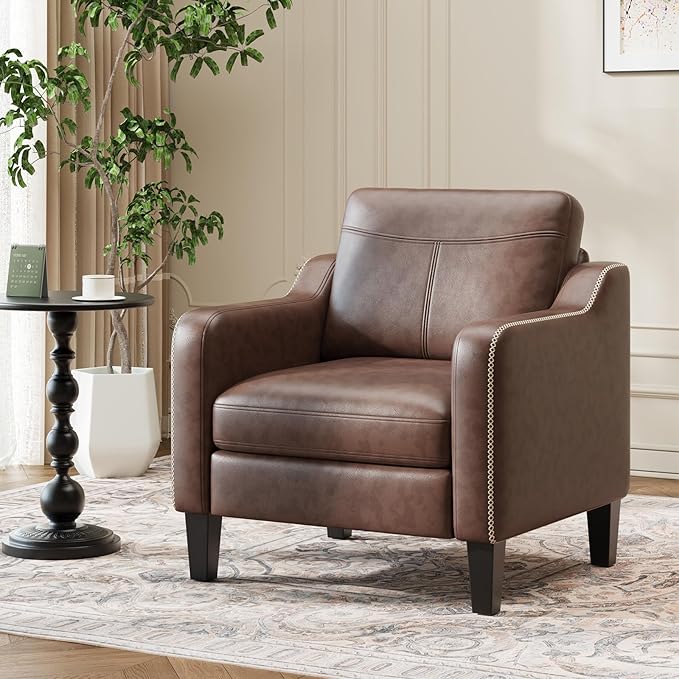 PU Leather Accent Chair Mid-Century Modern Living Room Armchair Sofa with Removable Cushions Solid Wood Frame &amp Stitched Armrest Design Bedroom Chair with Plastic Legs Chocolate Brown