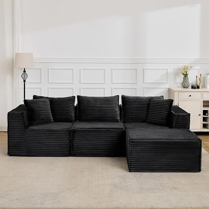 107 Modular Sectional SofaModern Cloud Sectional Couch with Deep Seat L-Shape Boneless Couch with Chaise for Living Room Apartments Bedroom No Assembly Required (3 Seater + 1 Ottoman)Black
