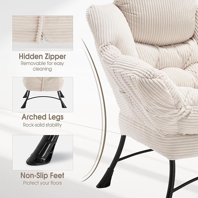 Lazy Chair with Ottoman Comfy Lounge Chair for Reading Relaxing and Napping Perfect for Living Room Bedroom or Office White