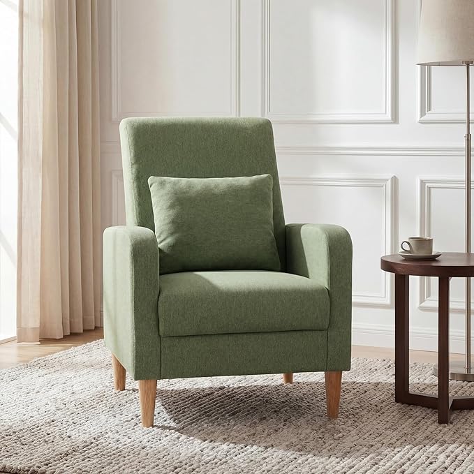 COLAMY Mid-Century Modern Upholstered Accent Chair with Back Pillow &amp Solid Wood Legs Fabric Cozy Armchair for Living Room Bedroom Reading Nook Apartment &amp Small Spaces Green