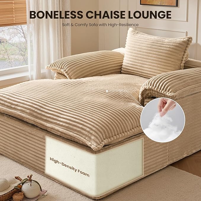 Chaise Lounge Chair Indoor Oversized Sleeping Couch 67L *53W Assembly Free Modern Minimalist Sofa With Comfy Curved Armrest Extra Deep Large Single Sofa for Living Room(Beige Plush Fabric)