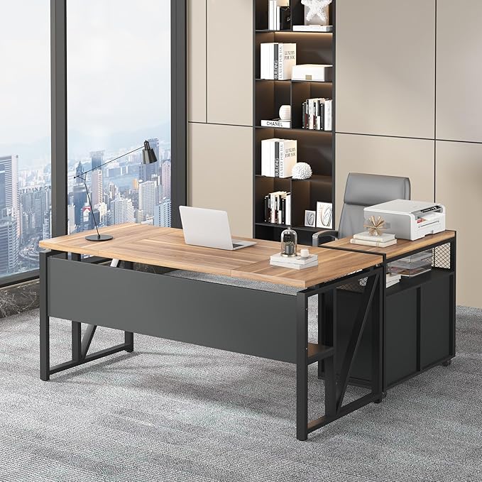 Tribesigns 63 Executive Desk with Reversible File Cabinet Large L-Shaped Office Desk with Drawers Business Furniture Workstation for Home Office