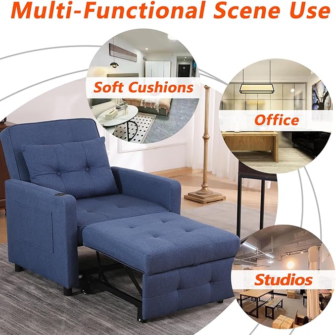 3 in 1 Chair with Pull-Out Sofa Convertible Slip On Sleeping Armrest Sofa Chair with Storage Pockets and Adjustable Backrest Comfortable Folding Seat for Bedroom Bed (Dark Grey) (Blue)