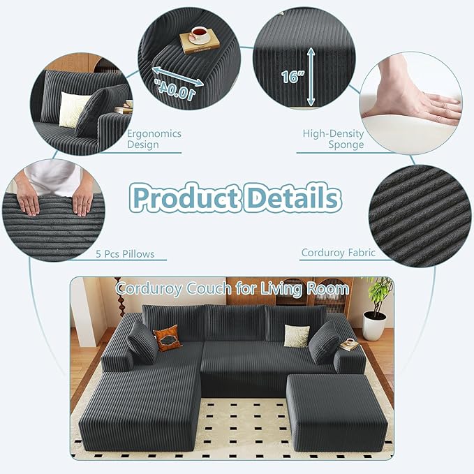 96 U Shaped Cloud Sectional Couch with Fluffy Corduroy Deep Memory Foam Seats Sofa with 1 Ottoman for Living Room No Assembly Required(Dark GreyLeft-Facing Chaise)