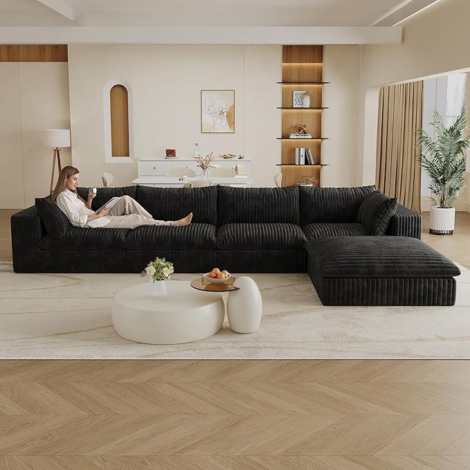 157.6 Oversized L Shaped Modular Boneless Sofa with Ottoman Cloud Sectional Couches for Living Room Deep Seat Corduroy Upholstered Couch Furniture Set No Assembly Required (4 Seater+1 Ottoman)