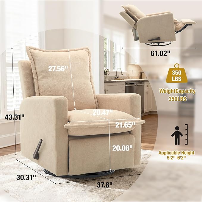 Euthymia Swivel Rocking Chair Nursery High Back Glider Rocker Recliner Chair for Small Spaces Manual Reclining Sofa for Living Room Bedroom Beige