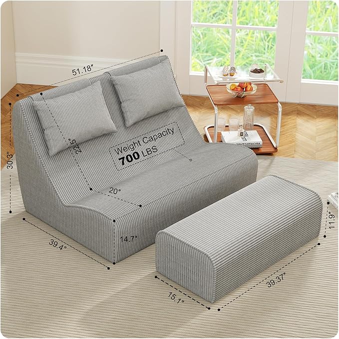 Giant Bean Bag Chair for Adults - Indoor Chaise Lounge with Pillows &amp Ottomans Upholstered Loveseat Floor Sofa Chair for Reading Gaming Napping and Movies (Gray)