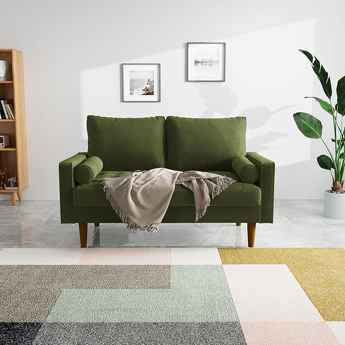 SILKIR Velvet Loveseat Sofa Love Seats Furniture for Small Spaces Mid-Century Modern Loveseats for Living Room Love Seat Couch 58 Inches Olive Green