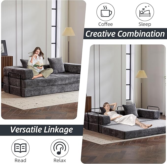 Folding Sofa Bed Convertible Sleeper Sofa Chenille Floor Couch with Pillows Fold Out Couch King Size Bed Futon Foldable Memory Foam Mattress for Living Room Bedroom Playroom (Dark Grey)