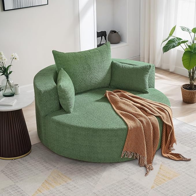 360° Swivel Barrel Chair - Oversized Round Sofa Chair and A Half with Pillows Comfy Modern Upholstered Chenille Deep Seat Circle Chaise Lounge for Living Room Bedroom Office Hotel (Moss Green)