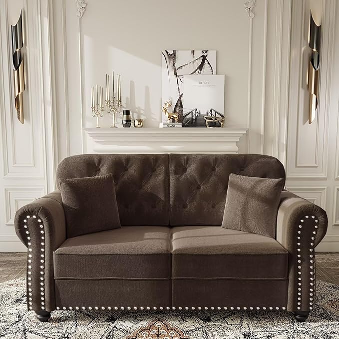 63 Velvet Chesterfield Sofa with Rolled Arms &amp Nailhead Trim Tufted Mid-Century Modern Couch for Living Room Includes 2 Pillows Brown Upholstered Sectional Sofa with 2 Ottomans