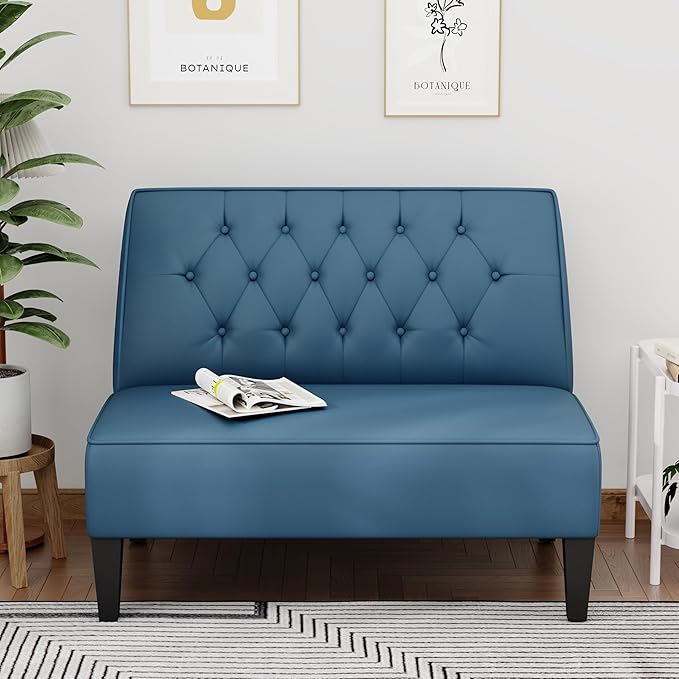 Alunaune Upholstered Blue Loveseat Bench Couch for Bedroom Modern Cushioned Armless Settee Small Love Seat Sofa Faux Leather Living Room Couch