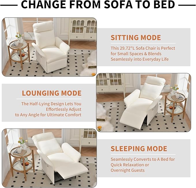 Power Recliner Chair Adjustable Electric Recliner Chairs for Adults Sleeper Sofa Bed with Remote Control &amp Side Pocket Linen Upholstered Chair for Living Room/Bedroom Easy Assembly Beige