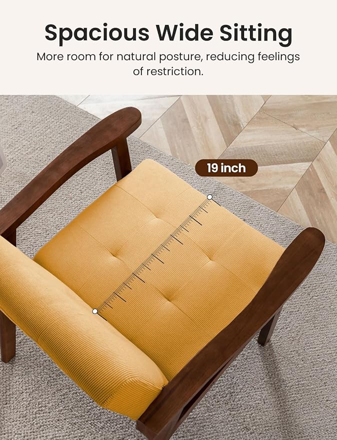 Mid Century Modern Accent Chairs for Living Room Comfy Bedroom Chairs for AdultsSmall Wide Reading Nook Arm Chair 105° Ergonomic Cozy Ginger Corduroy Armchair with Rubber Wood