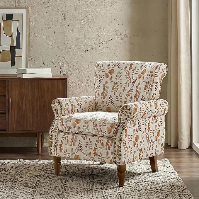 Wingback Accent Chair with Wood Legs Modern Comfy Upholstered Armchair with Removable Cushion and Nailhead Trim Floral Pattern Single Sofa Reading Chair for Living Room Bedroom