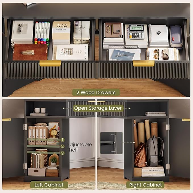 SEDETA Computer Desk with 2 Drawers Small Diamond Office Desk with Storage Cabinet for Small Space Gaming Desk with LED Lights &amp Power Strip for Home Office Black