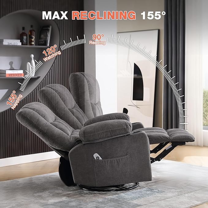 Massage Swivel Recliner Chair with Vibration Massage and Lumbar Heating for AdultsOversized Rocker Recliner Single Sofa with Side PocketTwo Cup Holders and USB Charge Port for Living Room