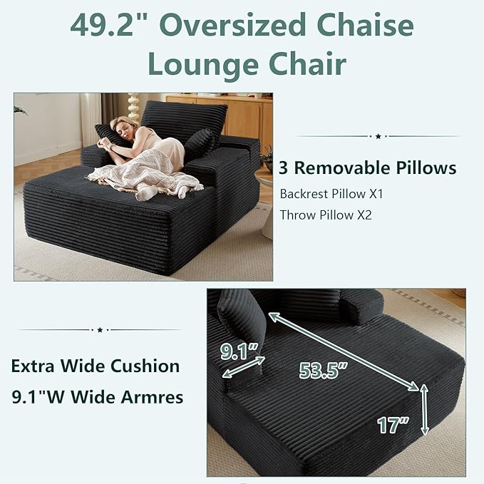 50 Oversized Chaise Lounge Chair IndoorCorduroy Boneless Reading Chair with 3 PillowsDeep Seat Cloud Sofa BedComfy Modern Sleeper Chairs in Box for Living Room BedroomNo Assembly(Black)