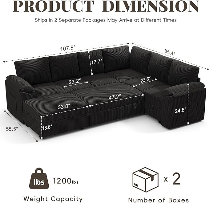 108 Inch Sectional Sleeper Sofa Bed with Pull Out Couch U Shaped 7 Seat Cloud Modular Sectional Sofa with Storage Corduroy Sectional Couches for Living Room Removable Sofa Cover Black