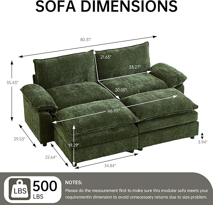 Modular Sectional Sofa 80.3 Inch U Shaped Couch Set with Armrests 3-Seater Comfy Cloud Boneless Couches with 2 Movable Ottomans for Living Room Apartment Dark Green