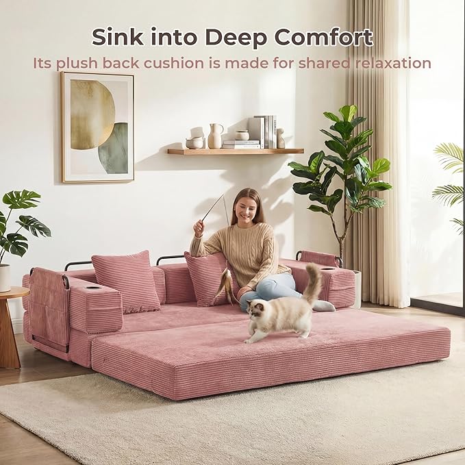 WELAX 72.8 Convertible Sleeper Sofa Bed Boneless Cloud Queen Futon Couches with Cupholders &amp Storage Pockets Corduroy Folding Floor Couch for Bedroom Apartment No Assembly Pink