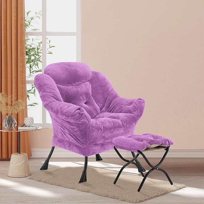 Lazy Chair with Folding Ottoman Accent Chair Plush Upholstered with Metal Structure and Non-Slip Pads Sofa Armchair with Footrest and Side Storage Bag for Dorm Room Office Purple